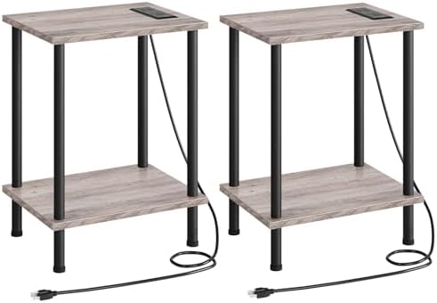 HOOBRO Side Table with Charging Station, Set of 2 End Tables with USB Port and Outlets, Nightstand with 2-Layer Storage Shelves for Small Spaces, Living Room, Bedroom, Greige and Black BG09UBZP201