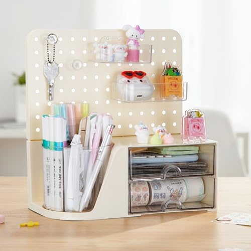 Comix Desk Organizer with 2 Drawer, Beige 360° Rotating Pen Holder for Desk