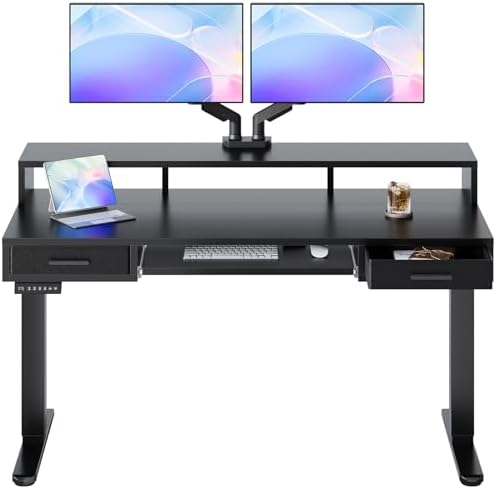 HUANUO 55″ X 26″ Electric Standing Desk with 2 Drawers &24.4″ Large Keyboard Tray, C-Clamp Mount Compatible, Adjustable Computer Desk for Office, Sit Stand Up Desk with 4 Height Presets, Black