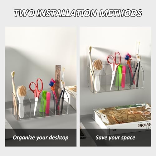 Acrylic Pen Holder Organizer 4 Compartments, Clear Makeup Brush Holder, No Drill Wall Mounting Pencil Holder for Office Accessories