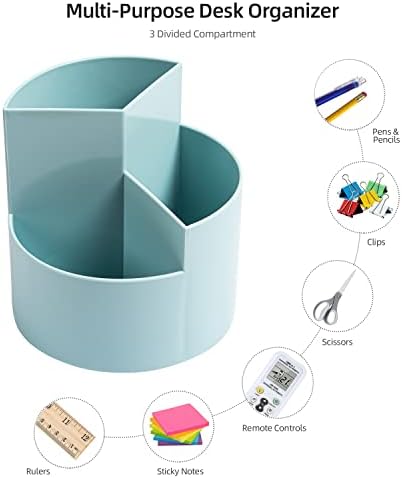 Desk Pencil Pen Holder, 3-Slot 360 Spinning Desk Organizer, Cute Pencil Cup Pot for Office, School, Art Supply - Blue