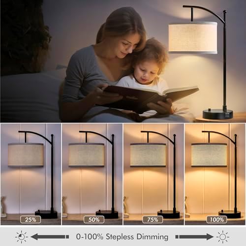 Table Lamp Set of 2, 23.5" Bedside Lamps with USB C+A Ports, Black