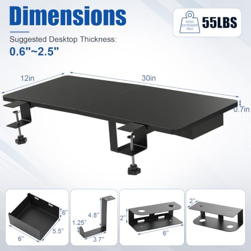 Novabright 30" x 12" Desk Extender Tray with Side Storage Rack Heavy Duty Desk Extender Under Desks Laptop Mount Keyboard Extenders for Desks with a Concealed Storage Area for Cable & Earphone (Black)