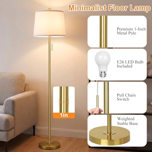 Gold Floor Lamps for Living Room, 63in Modern Standing Lamp 3 Way Brightness Dimmable with White Linen Shade Metal Base Tall Pole Light for Bedroom Reading Office Corner Nursery 8W LED Bulb Included