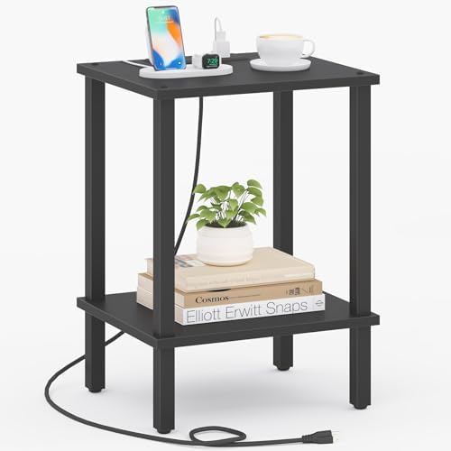TUTOTAK End Table with Charging Station, Side Table, Nightstand