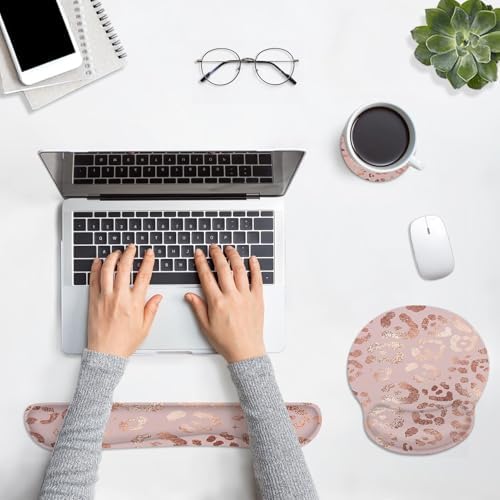 Britimes Ergonomic Mouse Pad Set with Wrist Rest, Leopard Rose Gold Pink