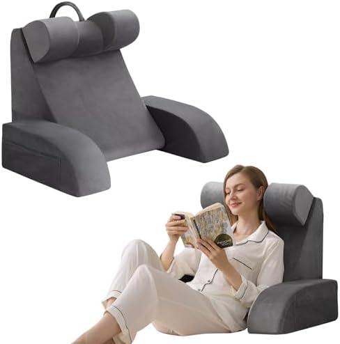 19" Reading Pillow for Bed with Back Support & Big Pockets, Grey