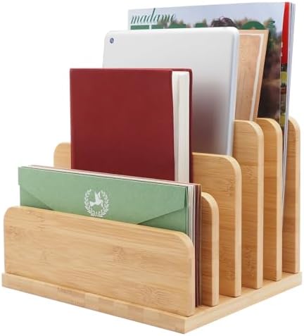 Desk File Mail Organizer Countertop, 5 Slots Bamboo Folder Sorter Holder for Letter, Envelope, Paper, Bill Filing, Desktop Tray Organizer for Office & Home