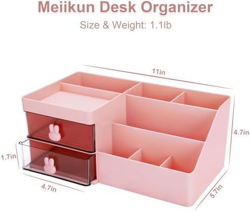 Meiikun Desk Organizer, Makeup Organizer with 2 Drawers, 7 Compartment & a Top Tray, Desktop Organizers and Storage for Women, Cute Home organization Bathroom, 11" x 5.7" x 4.7" (Pink)