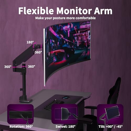Single Monitor Arm for 17-49 Inch Ultrawide Screens, Single Monitor Mount Heavy Duty up to 44lbs, Adjustable Vertical Stacked Full Motion Single Monitor Arm Desk Mount, 75/100mm VESA Mount, Black
