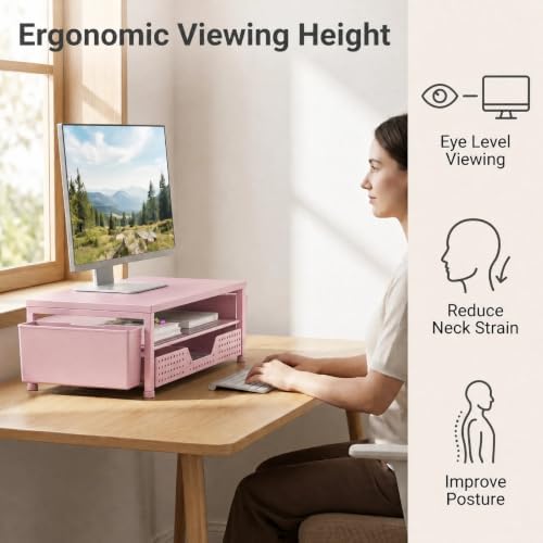 ECOLOVI Desk Organizer and Accessories, 2-Tier Computer Monitor Stand Rise with Storage Drawer & 2 Pen Holders, Laptop & Printer Stand for Desktop, Workspace Organizers for Office Supplies (Pink)