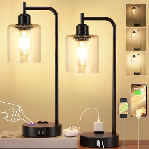 Industrial Touch Table Lamps for Bedrooms Set of 2 - 3-Way Dimmable Lamps with USB C+A Ports and Outlet, Black Bedside Lamps with Seeded Clear Glass Shade for Living Room, Desk Lamps for Home Office