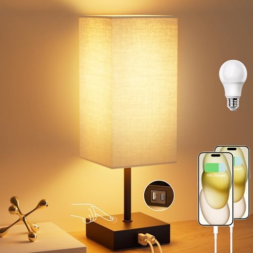 Bedside Table Lamp for Bedroom with 2 USB Ports, 14-Inch, Beige