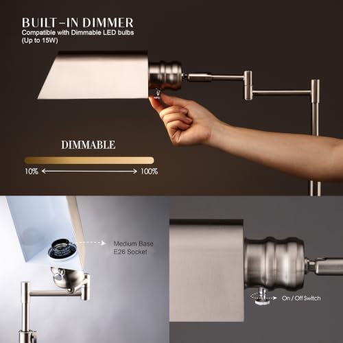O’Bright Arcadia - Pharmacy Floor Lamp, Full Range Dimming, Swing Arm Task Lamp, E26 Socket, Bulb Replaceable, Adjustable Height 47” to 55”, 360° Rotatable Shade, All-Metal Design, Brushed Nickel