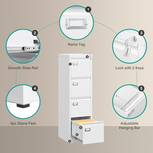 SISESOL 4 Drawer File Cabinet with Lock and Tag,White Vertical File Cabinet,Narrow Locking Filing Cabinets with Drawers,Metal Filing Storage for Home Office Fit A4 Legal/Letter Size