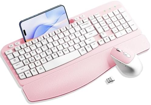 Hayyiesh Ergonomic Wave Keys Wireless Keyboard and Mouse Combo, Full Size with Memory Foam Wrist Rest & Phone Holder, 2.4G Cordless Set with USB-C Adapter for Windows Mac Desktop Laptop (Pink)