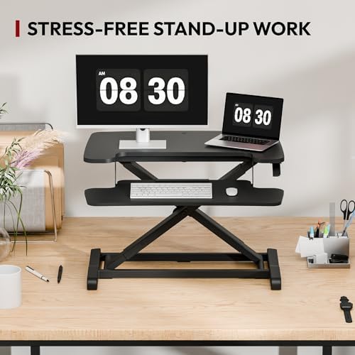 SANODESK Standing Desk Converter 28" Desk Riser for Home Office, Compact Sit Stand Desktop Workstation for Laptop & Monitor, Ergonomic Height Adjustable Riser, Black