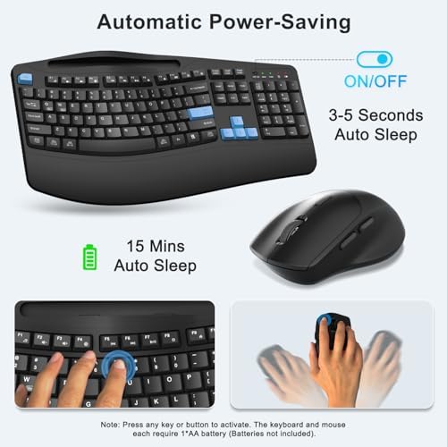 Wireless Keyboard and Mouse Combo, Full Size Ergonomic Wave Keys(Blue)