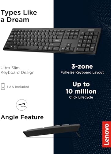 Lenovo 100 Wireless Compact Keyboard Cordless Keyboard for PC & Laptop with Windows Silent Keys Full-Size Layout with Numeric Keypad Plug & Play USB Receiver Portable, Black