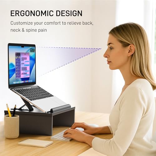 AFOOYO Adjustable Wood Laptop Stand with Storage Space - Notebook Organizer & Ergonomic Computer Riser, Wrist Rest Included, Compatible with 9.8-15'' Laptops (MacBook Air Pro/HP/Dell/Lenovo),Black