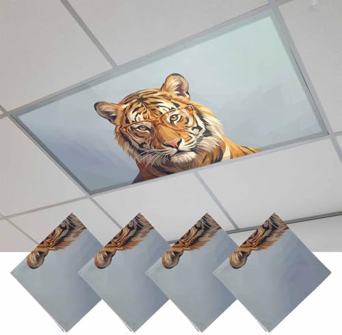 Blue Tiger Fluorescent Light Covers for Ceiling Lights 4x2 feet, 4 Pack Magnetic Light Filters for Classroom, Funny Animals Modern Art Fluorescent Lamp Shade Panel for Office School Drop Home