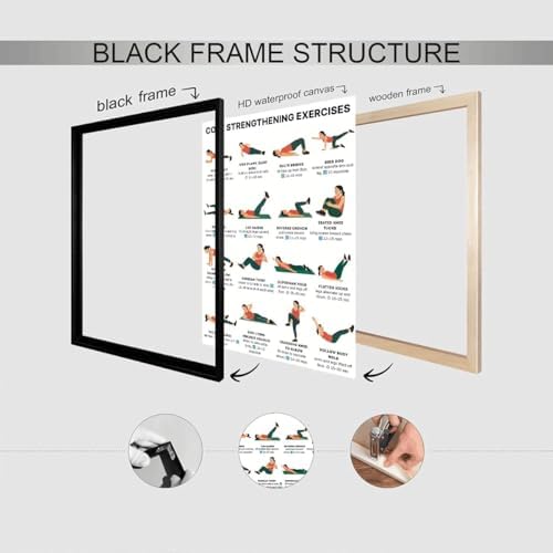 Core Strengthening Workout Poster, 16 Illustrated Abdominal Training Chart with Timing & Rep Guides, Bodyweight Abs & Obliques Exercise Reference for Home Gym Beginner Core Stability Fitness Routine(12x18inchs，Black Framed)