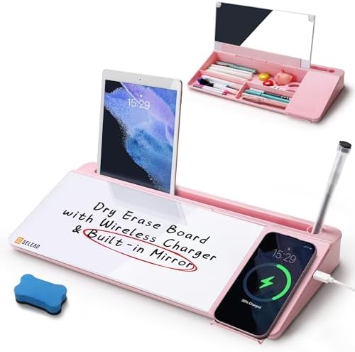 SELEAD Desktop Glass Whiteboard with Wireless Charger and Mirror, Pink