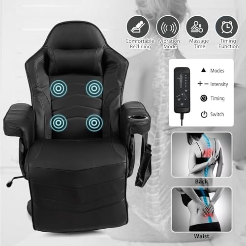 GYMAX Gaming Chair with Footrest, Massage Video Game Chairs for Adults with Remote, Adjustable Backrest, Headrest, Cup Holder & Side Pocket, Ergonomic High Back Office Computer Chair (Black)