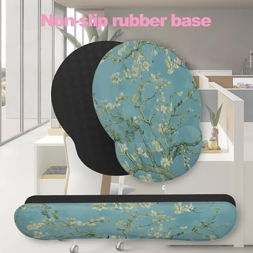 Blossoming Almond Tree Keyboard Wrist Rest Pad and Mouse Pad Wrist Support Set,White Flower 3-in-1 Ergonomic Mouse Pad with Non-Slip Rubber Base for Home Office Game Computers Desk,