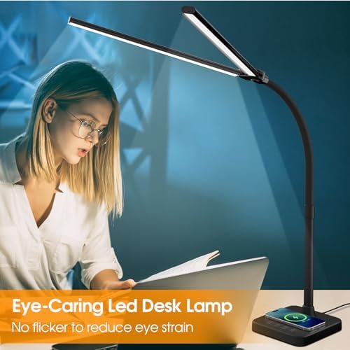ShineTech LED Desk Lamp, 24W Double Head Desk Light with Wireless Charging