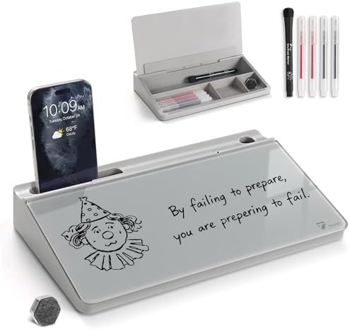 TOWON Compact Glass Desktop Whiteboard with Storage 12x7 in, Gray
