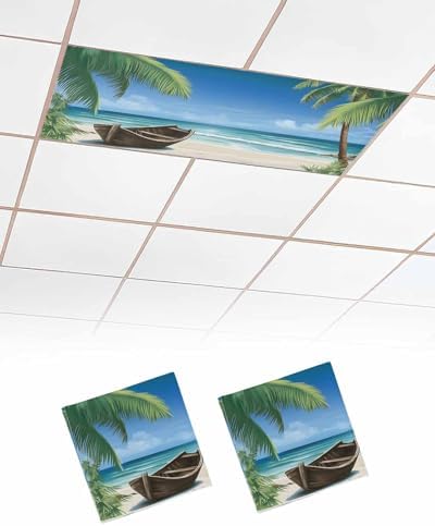 Summer 2 Pcs Fluorescent Light Covers, Ocean Beach Palm Tree Nautical Vessel Magnetic Filters Shade Panel Light Covers for Ceiling Lights Classroom Office Home Ceiling Decoration, 4 x 2 Ft