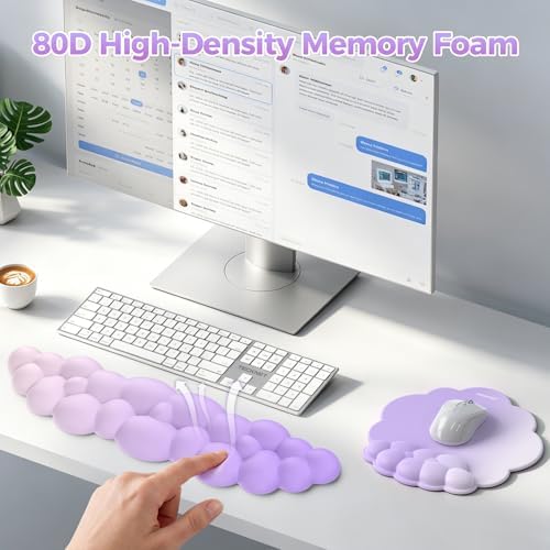 TECKNET Cloud Wrist Rest & Ergonomic Mouse Pad, Cloud Keyboard Wrist Rest with Non-Slip Base, PU Leather Memory Foam Wrist Pad for Keyboard and Mouse, Pain Relief for Typing, Gaming, Purple