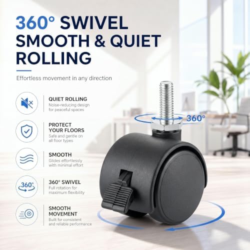 BBTO 8 Pcs 1 Inch M6 Swivel Stem Casters Wheels Replacement, M6 Threaded Stem Caster with Brake, Heavy Duty 360° Standing Desk Wheels, No Noise, Black Nylon, for Cart Furniture Table Cabinet Shelf