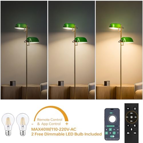 FIRVRE Bankers Floor Lamp for Living Room, Vintage Floor Lamp with Foot Switch,Remote Control Standing Lamp with Glass Lampshade, Antique Green Floor Light for Bedroom Office