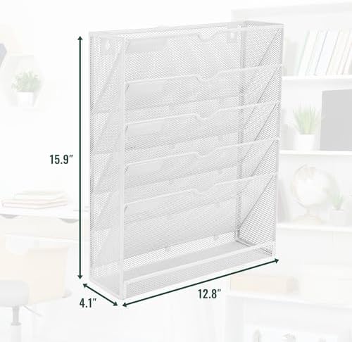 EASEPRES 6 Tier Mesh Hanging Wall File Organizer, Desk Vertical Mail Paper Document Folder Holder Rack with Bottom Tray and Nametag Label for Office Home School, White