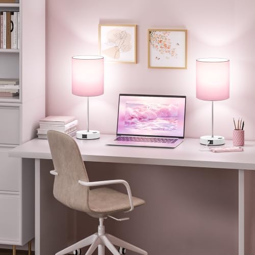 17.6" Pink Touch Lamps for Bedroom Set of 2 - Dimmable, USB C+A, AC Outlet