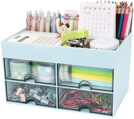 Meiikun Desk Organizer, Office Organizer with Drawer, Desk Accessories & Workspace Organizers, Pen Holder Office Supplies for Desk (4 Drawers+4 Compartments, Blue)
