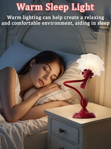 Flower Table Lamp, LED Reading Light Bedside Vintage Night Light (Red)