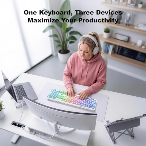 GEEZER Computer Backlit Keyboard White Crystal - Full-Size Bluetooth Wireless Rechargeable Transparent Keycap Portable Keyboards Compatible with Windows, Laptop, PC, Desktop