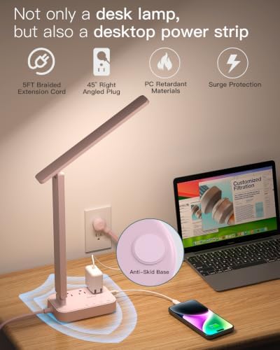 Addtam LED Desk Lamp, Power Strip with 3 Outlets 4 USB Charging Ports(2 USBC), 4 Modes 5 Level Brightness Touch Lamp, Small Desk Lamp for Home Office College Dorm Room Essentials, Pink