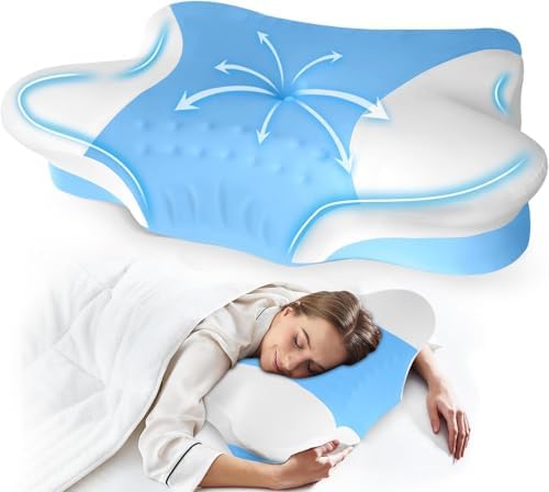 Cervical Neck Pillows with Memory Foam - Ergonomic Neck Support Pillows for Pain Relief Contour Memory Foam - Adjustable Orthopedic Bed Pillows with Cooling Breathable Pillowcase for Sleeping - Blue