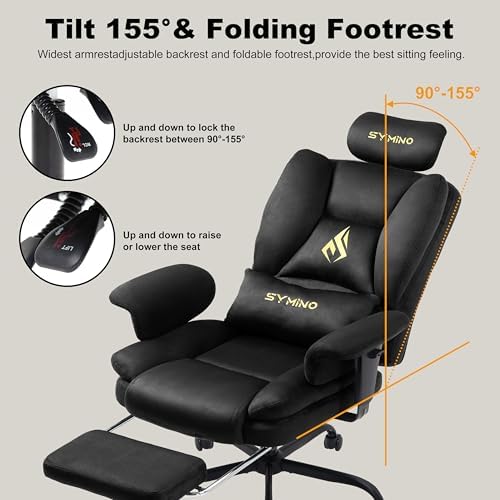 Symino Gaming Chair with Footrest, Up/Down Armrests, Suede Fabric Ergonomic Office Chair, 155° Recline Computer Chair for Desk, Black