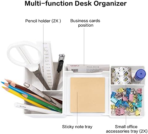 deli Desk Organizer, Plastic Desktop Organizer with Pencil Holder and Sticky Note Tray, Office Stationery Supplies Organizers Accessories Caddy, 6 Compartments, White