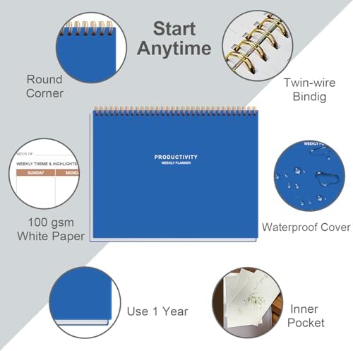 Weekly Productivity Planner - 8.5" x 11" Dashboard Desk Notepad Has 6 Focus Areas to List Tasks for Goals, Projects, Clients, Academic or Meal-Organize Your Daily Work Efficiently, 54 Weeks, Blue