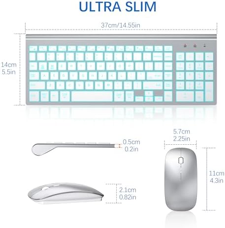 Wireless Backlit Keyboard and Mouse Ultra Slim Combo, TopMate -Silver White