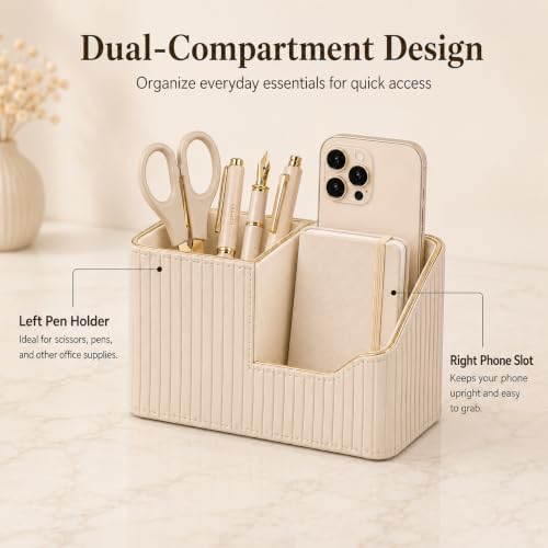 KINGFOM Luxury PU Leather Desk Organizer for Office Accessories, Aesthetic Pen Holder for Desk, Modern Desktop Storage Organizer for Women Home Office Supplies, Beige with Gold Trim