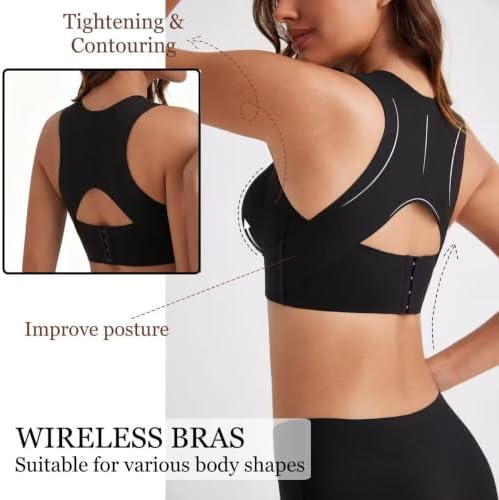 Black Wireless Posture Bra for Women Soft Breathable Non-Removable Molded Cups Yoga Fitness Sports Bra Size S-3XL