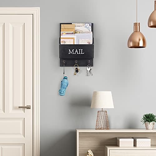 DLQuarts Solid Wood Mail Organizer with Key Holder for Wall, Mail Sorter Wall Mounted, Decorative Wooden Key and Mail Holder with 3 Hooks, Matte Black