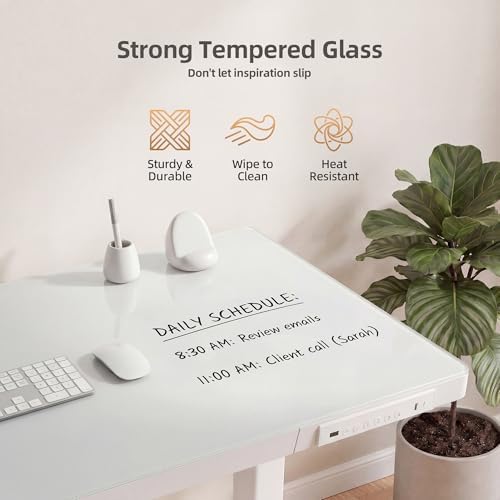 INNOVAR 35" Small Glass Standing Desk with Drawers & USB Ports, Whole-Piece Glass Top Adjustable Height Desks, Quick-Install Electric Sit-Stand Up Desk for Home Office & Computer Workstation, White